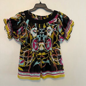 Nicole Miller Artsy Retro‎ Blouse Chiffon Sheer Feminine 90s Y2K Boho Chic 10